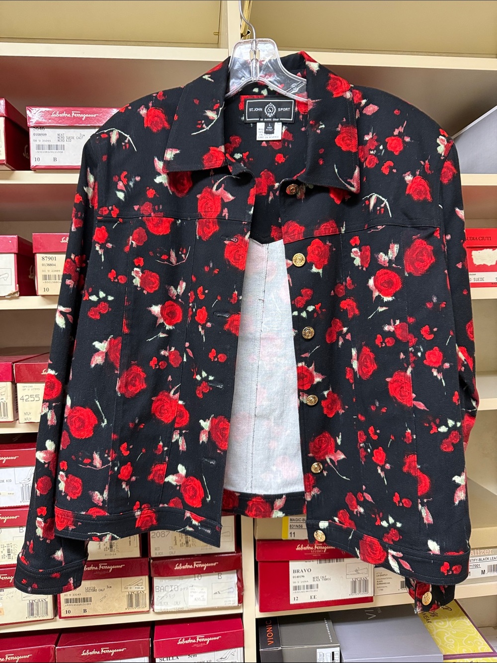 St John Sport Black Jacket with abstract rose pattern